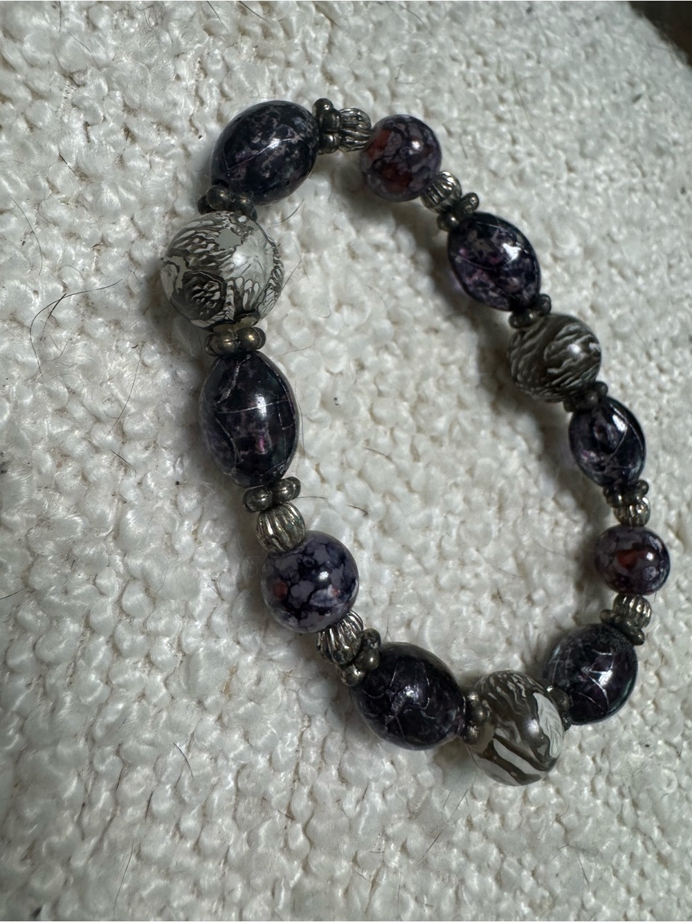 Handcrafted Purple and Gray Beaded Stretch Bracelet